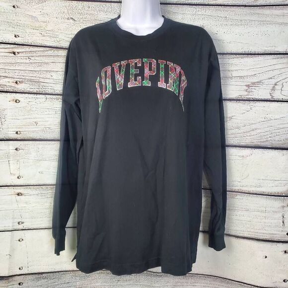 Victoria’s Secret PINK Black LOVE PINK Long Sleeve Shirt Plaid Logo Women’s M - Picture 1 of 9